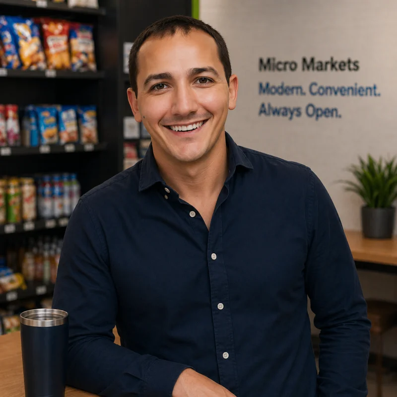Avromi Russell, founder of 247MicroMarkets, in front of a micro-market