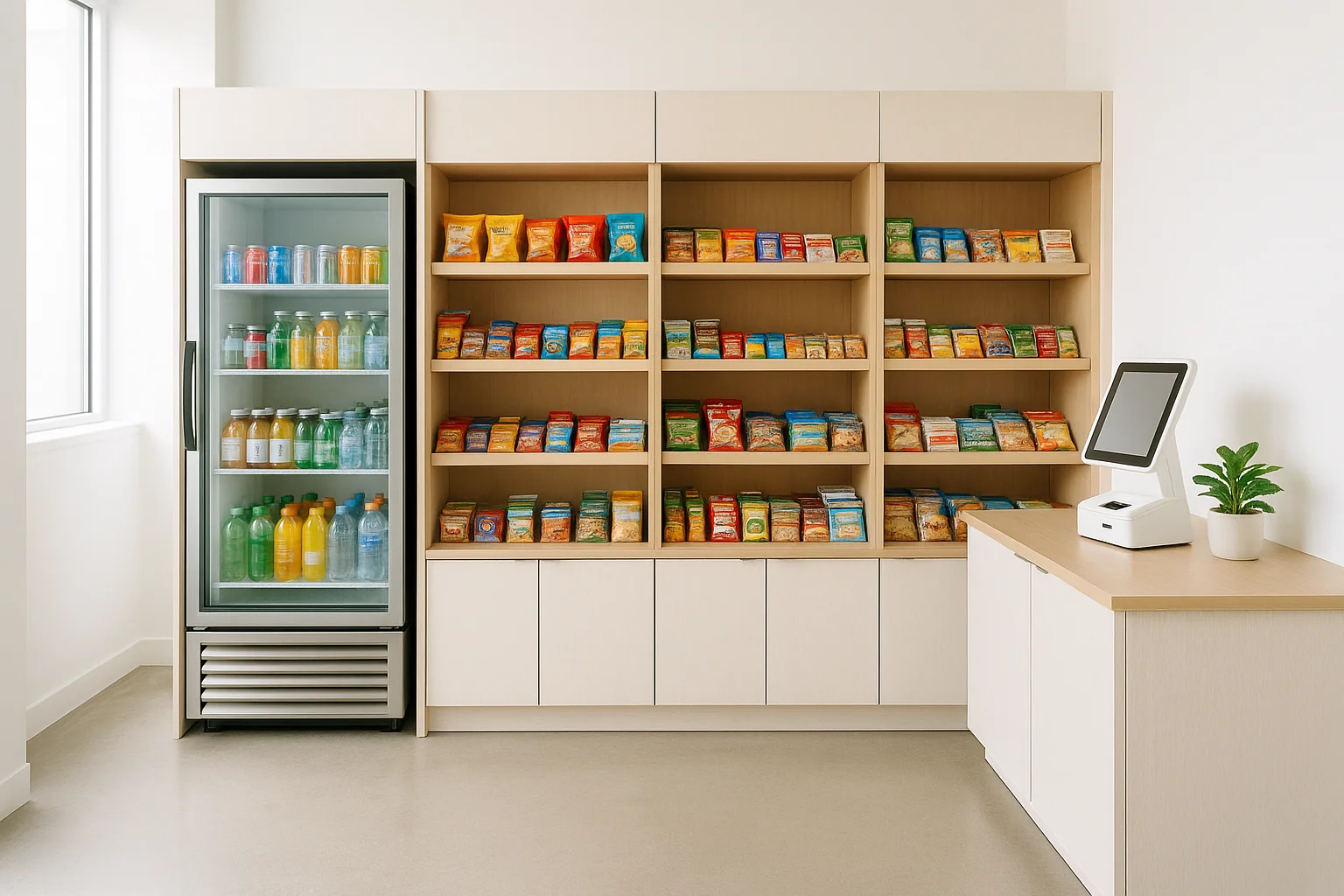 Modern self-serve micro-market in a bright, plant-filled corporate breakroom