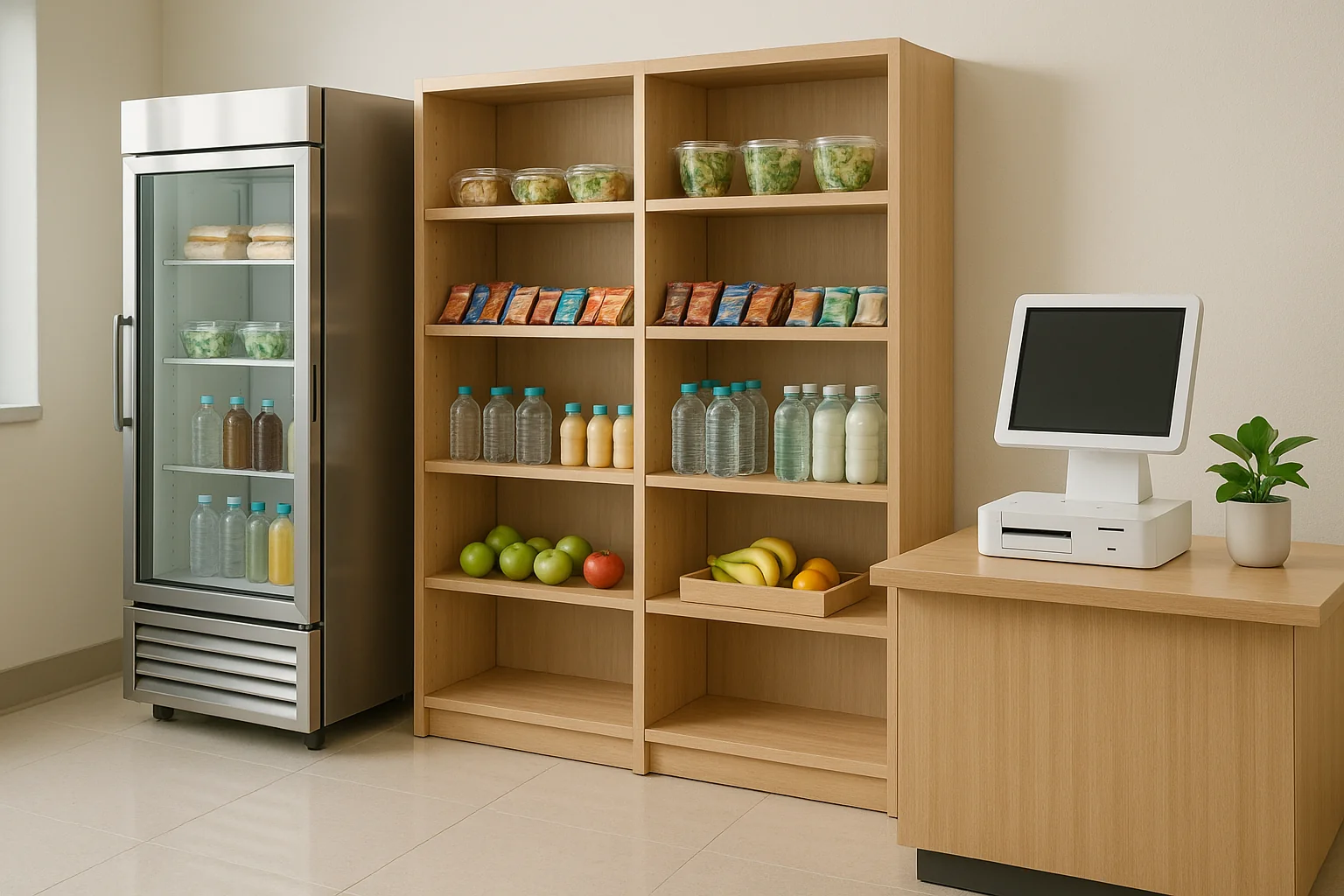Bright modern breakroom with self-serve micro-market for healthcare