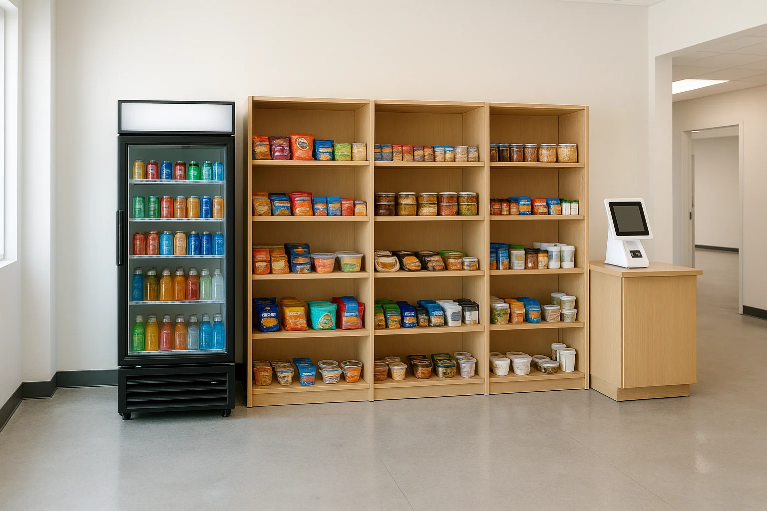 Bright modern breakroom with self-serve micro-market for logistics & warehouse