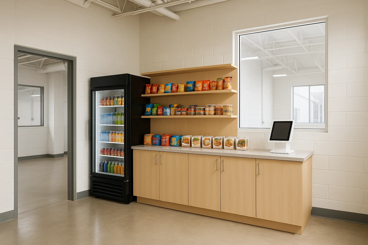 Bright modern breakroom with self-serve micro-market for manufacturing