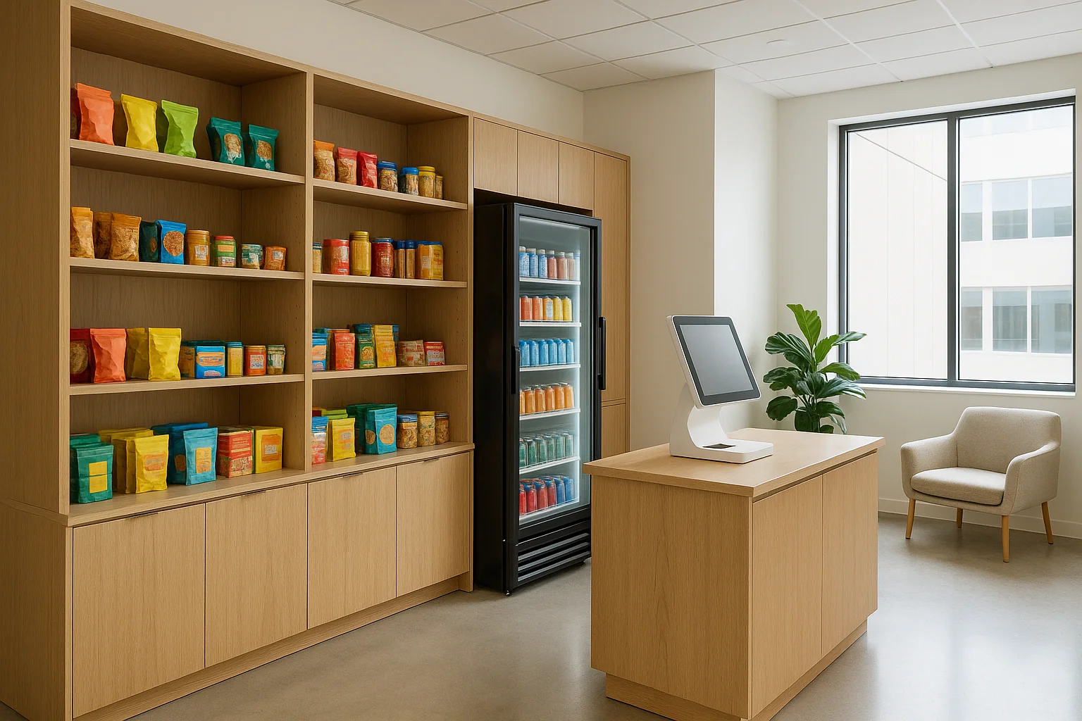 Bright modern breakroom with self-serve micro-market for corporate offices