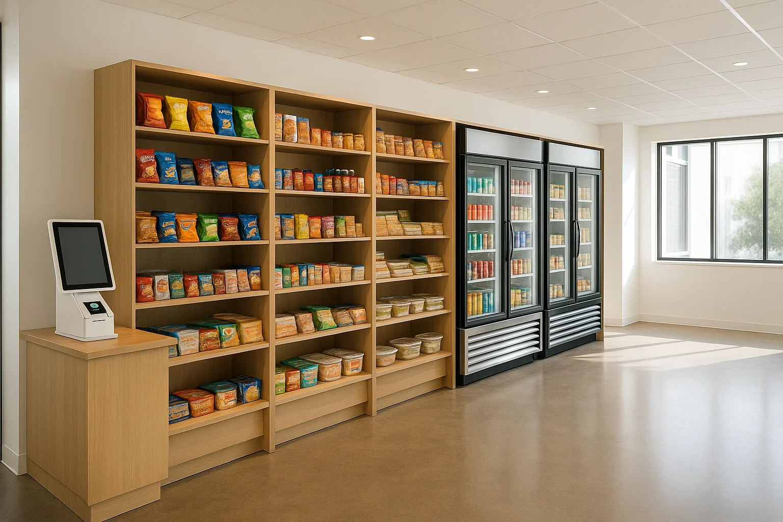 Open-Concept Markets install in a bright modern corporate breakroom